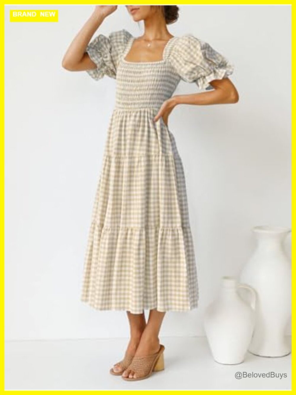 Boho Summer Midi Dress with Square Neck and Puff Sleeves - Picture 3 of 7
